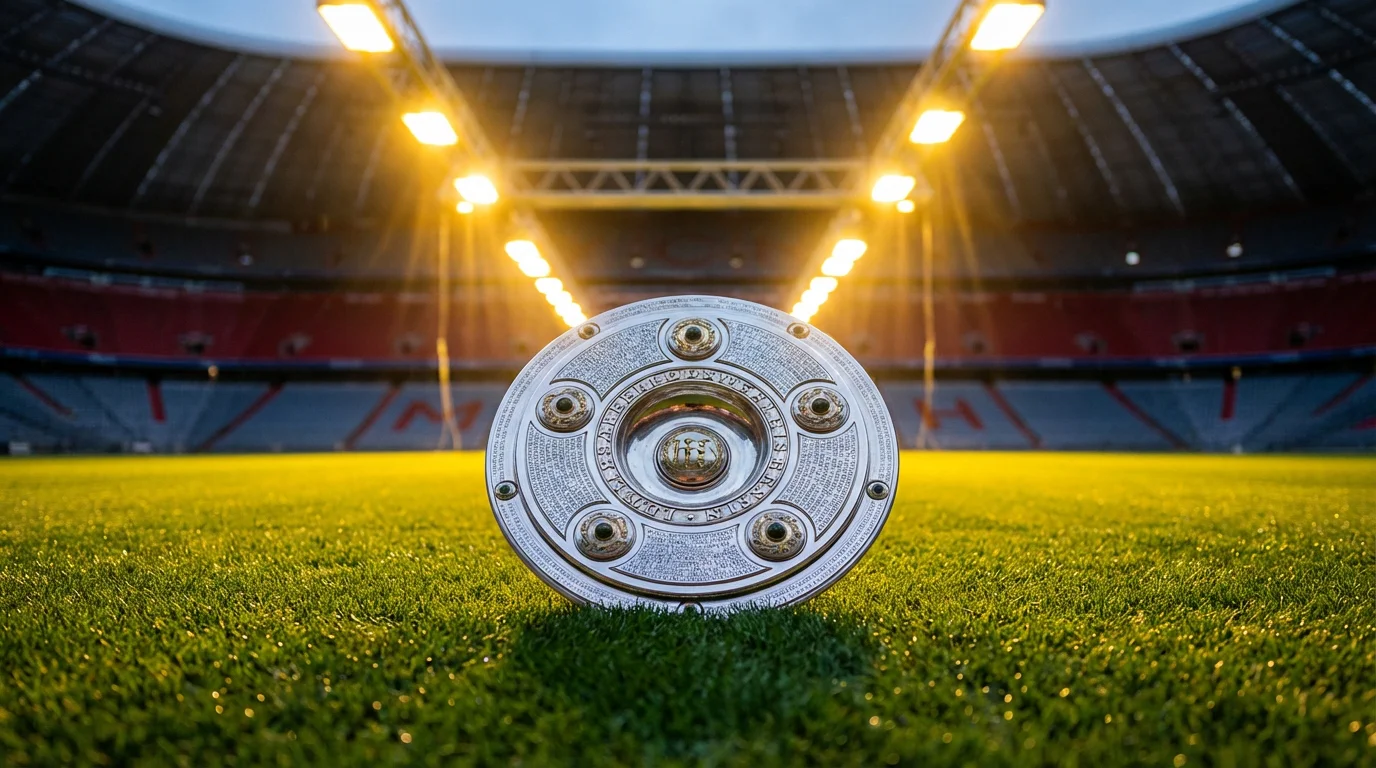 Bundesliga Langzeitwetten — Meisterschale auf dem Rasen als Symbol für Saisonwetten