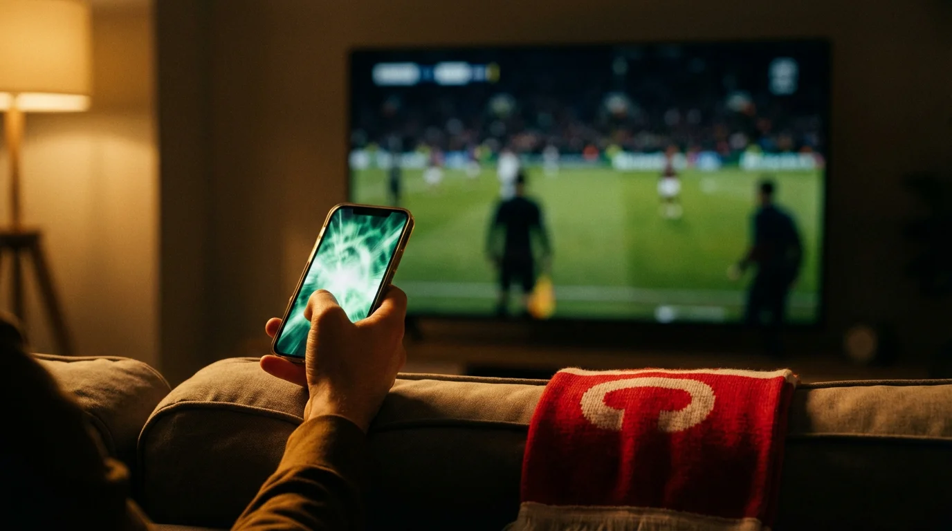 Bundesliga Live Wetten — Smartphone mit Live-Quoten vor einem beleuchteten Fußballstadion